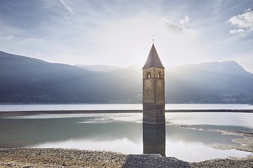 Image showing Church tower in lake