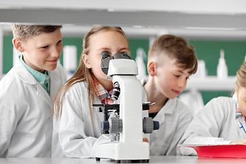 Image showing kids or students with microscope biology at school