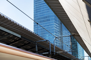 Image showing view to tokyo city skyscraper from railway