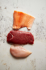 Image showing Fresh raw beef steak, chicken breast, and salmon fillet