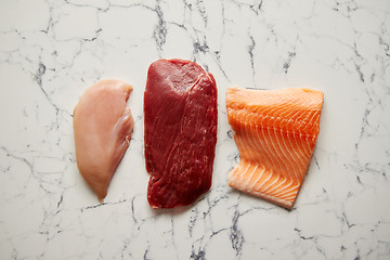 Image showing Fresh raw beef steak, chicken breast, and salmon fillet