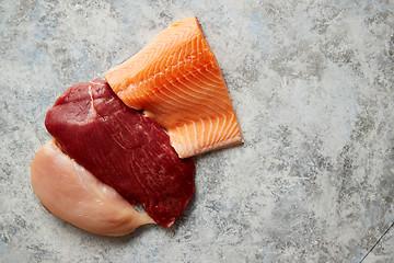 Image showing Fresh raw beef steak, chicken breast, and salmon fillet