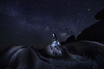 Image showing Light Painted Girl With Milky Way in Joshua Tree National Park