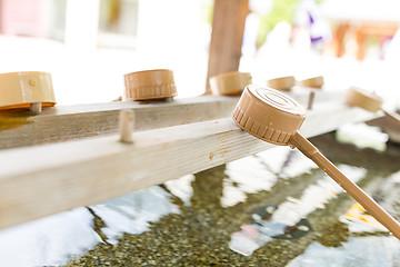 Image showing Bamboo water fountain with ladle in Japanese temple