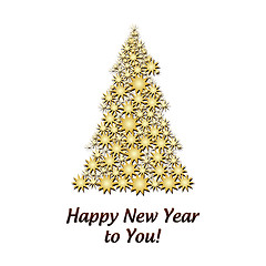 Image showing Gold Firtree made from Golden Stars isolated on whine and wish of Happy New Year