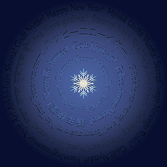 Image showing  Blue New Year Card with pressed out congratulations on different languages and snowflake on Blue background