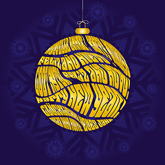 Image showing Christmas card with bauble made from greetings in different languages on blue snowflaked background
