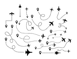 Image showing A series of flying airplanes and their flight paths from the departure point. Vector ilustration