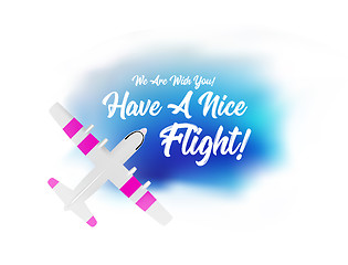 Image showing Plane flying in the clouds with the wish of a have a nice flight. Vector top view illustartion