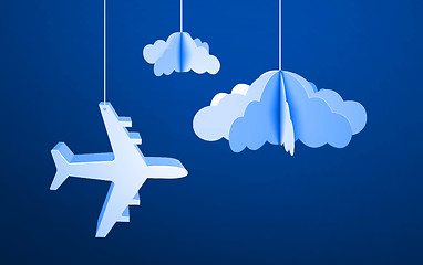 Image showing Paper flying plane in cut out paper clouds. Vector illustration in origami style on blue sky