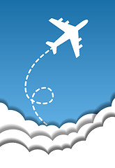 Image showing Flying airplane on a background of blue sky and cut out paper clouds in origami style. Vector