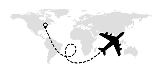 Image showing Flying plane on the background of the world map with a path from the departure point. Vector