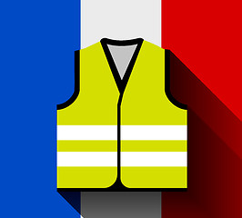 Image showing Yellow vests, as a symbol of protests in France against rising fuel prices. Yellow jacket revolution. Vector illustration against the flag of France with long shadow