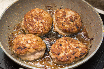 Image showing Homemade chicken cutlets fried in a pan