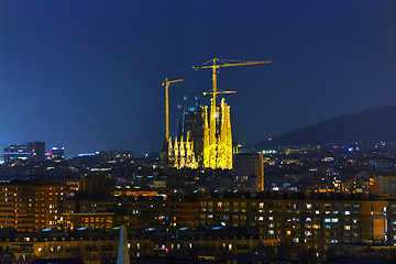 Image showing Aerial overview with Sagrada Familia at night time