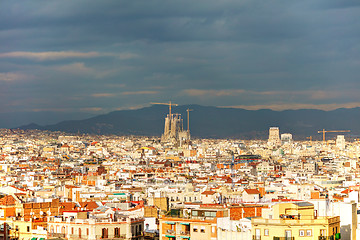 Image showing Aerial overview with Sagrada Familia on a sunny day