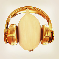 Image showing Ripe onion with gold headphones front \