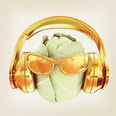 Image showing Green cabbage with sun glass and headphones front \