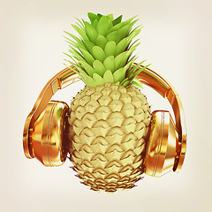 Image showing Fashion gold pineapple with headphones listens to music. 3d illu