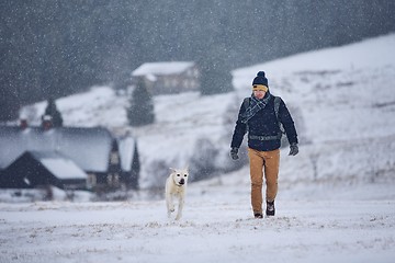 Image showing Man playing with dog in winter landscape