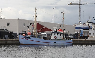 Image showing Danish fishing boat in harbour.