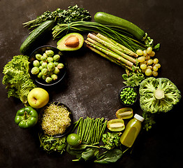 Image showing Green healthy food composition with avocado, broccoli, apple, smoothie...