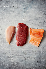 Image showing Fresh raw beef steak, chicken breast, and salmon fillet