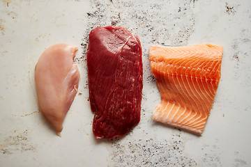 Image showing Fresh raw beef steak, chicken breast, and salmon fillet