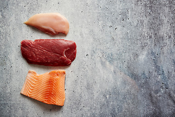 Image showing Fresh raw beef steak, chicken breast, and salmon fillet