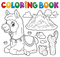 Image showing Coloring book llama near mountain