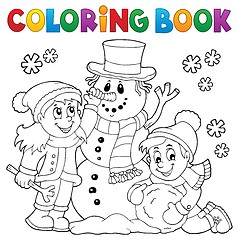 Image showing Coloring book kids building snowman 1