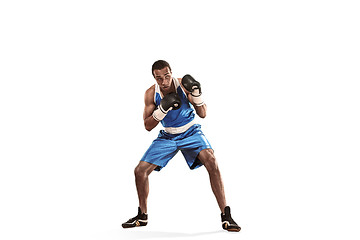 Image showing Sporty man during boxing exercise making hit. Photo of boxer on white background