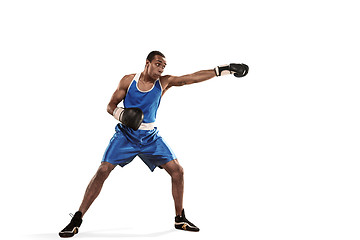 Image showing Sporty man during boxing exercise making hit. Photo of boxer on white background