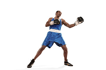 Image showing Sporty man during boxing exercise making hit. Photo of boxer on white background