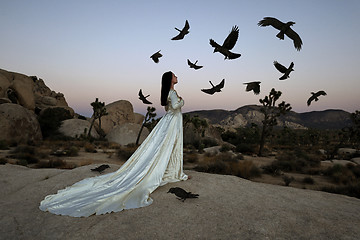 Image showing Abstract Concept of Girl Surrounded by Black Birds Representing 