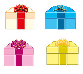 Image showing Varicoloured boxes with gift decorated by bow