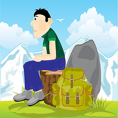 Image showing Man travellier on glade on background of the snow mountains