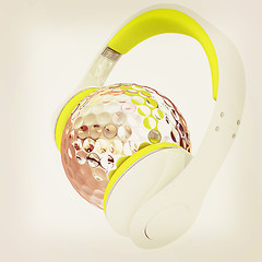 Image showing Metal Golf Ball With headphones. 3d illustration. Vintage style