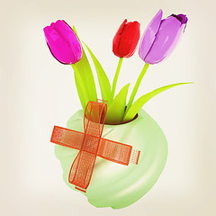 Image showing Fresh spring tulips in a vase vith ribbon. 3d illustration. Vint