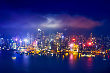 Image showing Aerial view of illuminated Hong Kong skyline. Hong Kong, China