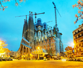 Image showing Overview with Sagrada Familia basilica at sunrise