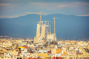 Image showing Aerial overview with Sagrada Familia on a sunny day