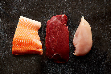 Image showing Fresh raw beef steak, chicken breast, and salmon fillet