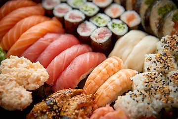 Image showing Close up of various types of japanese fresh prepared sushi.