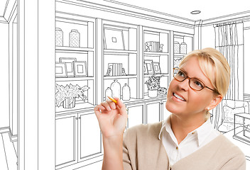 Image showing Young Woman Over Custom Built-in Shelves and Cabinets Design Dra