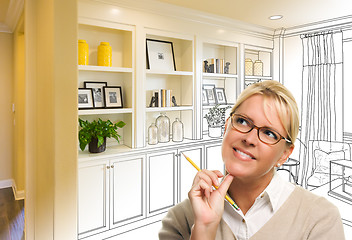 Image showing Young Woman Over Custom Built-in Shelves and Cabinets Design Dra