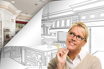 Image showing Woman Facing Kitchen Drawing Page Corner Flipping with Photo Beh