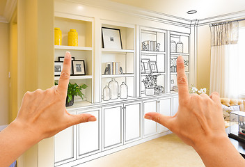 Image showing Hands Framing Custom Built-in Shelves and Cabinets Design Drawin