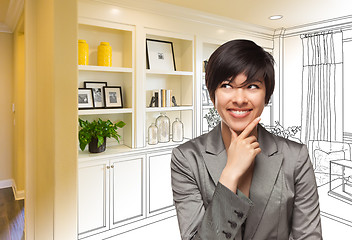 Image showing Young Woman Over Custom Built-in Shelves and Cabinets Design Dra