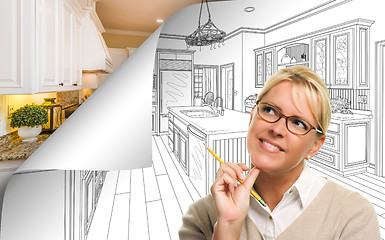 Image showing Woman Facing Kitchen Drawing Page Corner Flipping with Photo Beh